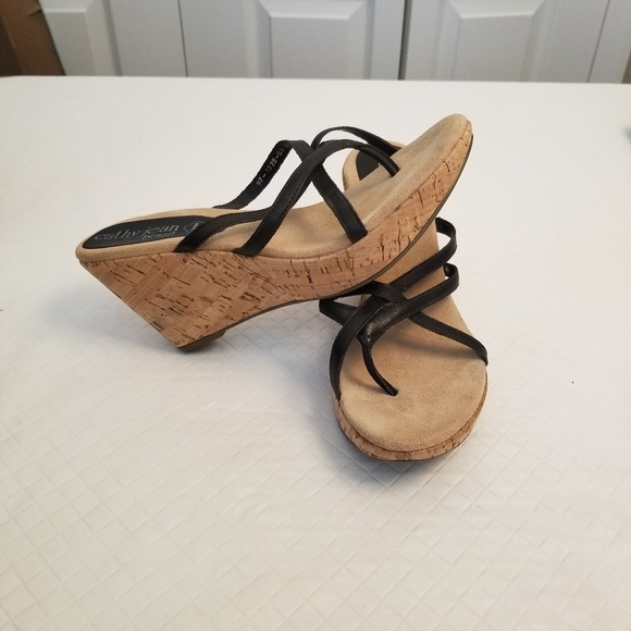 Cathy Jean Cork Wedge Black Leather Sandals Size 7 Made In Brazil 3 In Heel - Picture 1 of 6